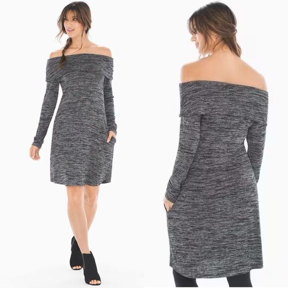 Soma Melange Off The Shoulder Long Sleeve Mini Cozy Dress Black Grey Size Small - Picture 2 of 9